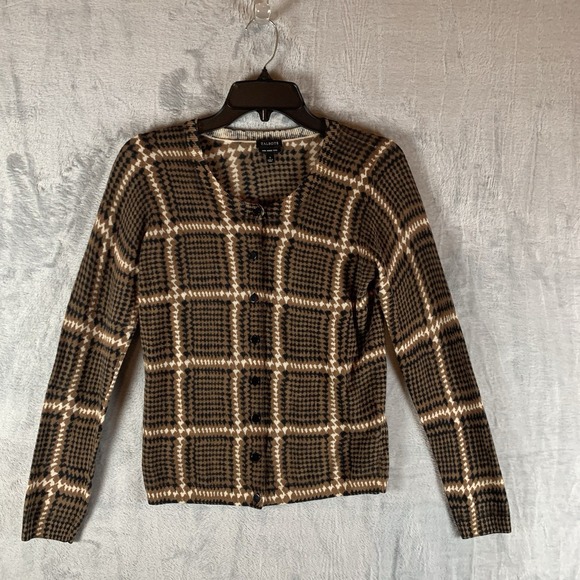 TALBOTS Women's 100% Merino Wool Cardigan Tan Black Geometric Preppy Old Money S - Picture 1 of 7